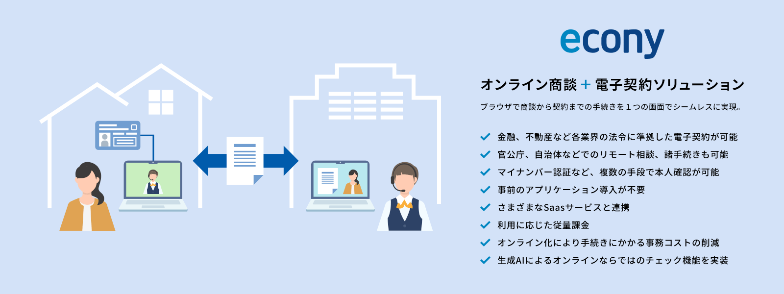 econy オンライン商談＋電子契約ソリューション ブラウザで商談から契約までの手続きを１つの画面でシームレスに実現。 金融、不動産など各業界の法令に準拠した電子契約が可能 官公庁、自治体などでのリモート相談、諸手続きも可能 マイナンバー認証など、複数の手段で本人確認が可能 事前のアプリケーション導入が不要 さまざまなSaasサービスと連携 利用に応じた従量課金 オンライン化により手続きにかかる事務コストの削減