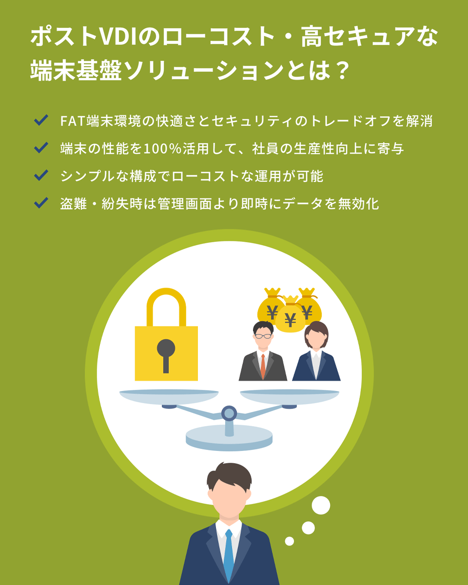 ポストVDIのローコスト・高セキュアな端末基盤ソリューションとは？ FAT端末環境の快適さとセキュリティのトレードオフを解消 端末の性能を100％活用して、社員の生産性向上に寄与 シンプルな構成でローコストな運用が可能 盗難・紛失時は管理画面より即時にデータを無効化