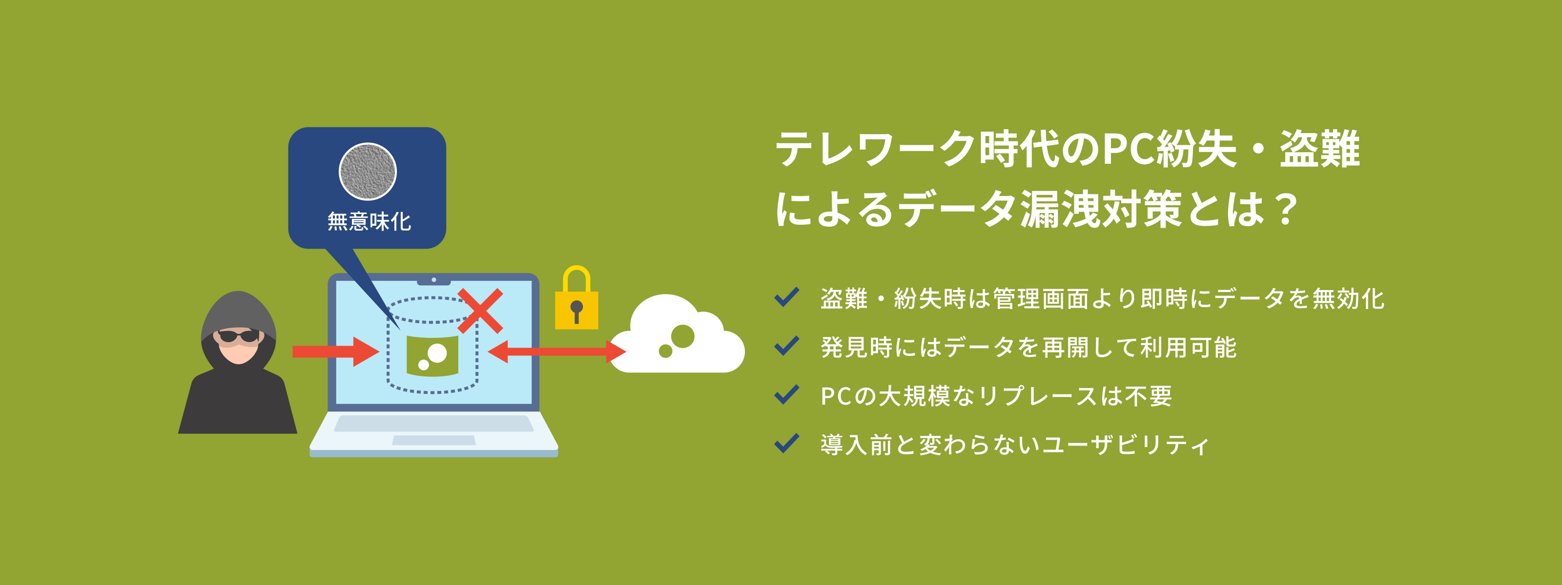 テレワーク時代のPC紛失・盗難によるデータ漏洩対策とは？ 盗難・紛失時は管理画面より即時にデータを無効化 発見時にはデータを再開して利用可能 PCの大規模なリプレースは不要 導入前と変わらないユーザビリティ