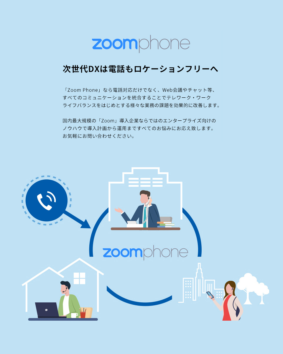 Zoom Phone 次世代DXは電話もロケーションフリーへ 「Zoom Phone」なら電話対応だけでなく、Web会議やチャット等、すべてのコミュニケーションを統合することでテレワーク・ワークライフバランスをはじめとする様々な業務の課題を効果的に改善します。国内最大規模の「Zoom」導入企業ならではのエンタープライズ向けのノウハウで導入計画から運用まですべてのお悩みにお応え致します。お気軽にお問い合わせください。